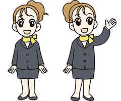 グレーのスーツを着た女性のキャラクター、基本姿勢と右を手で指し示す姿勢の2体