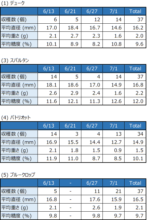 収穫数と各測定結果表